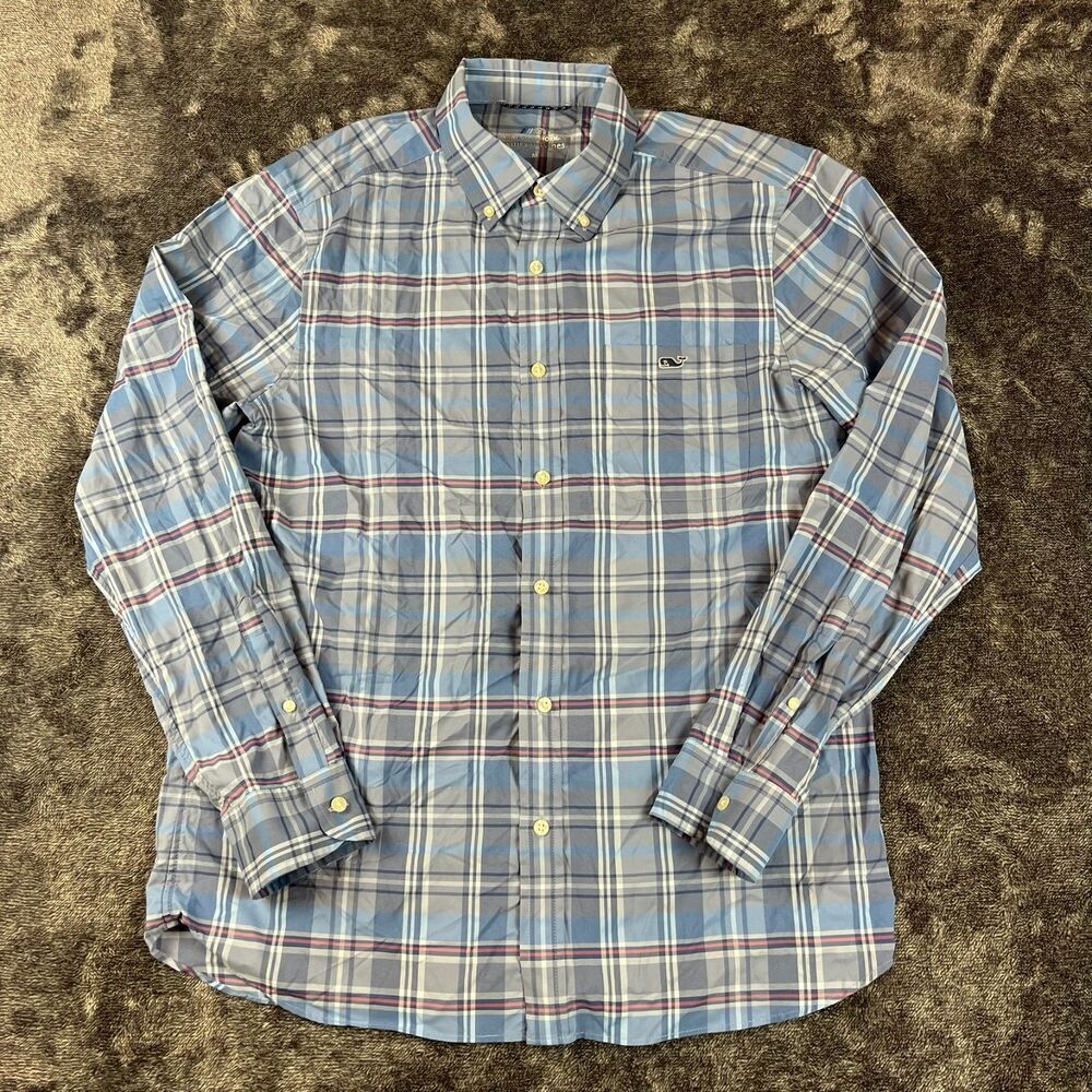 Vineyard Vines OTG Performance Button Down Plaid Blue Red Men's M Long Sleeve